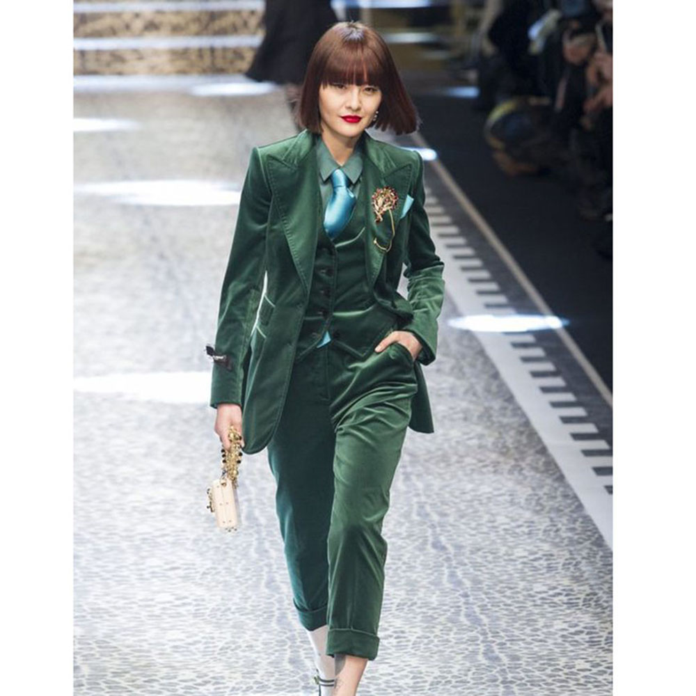 Women Formal Wear Trousers - Luxury Green Velvet Winter Clothes for