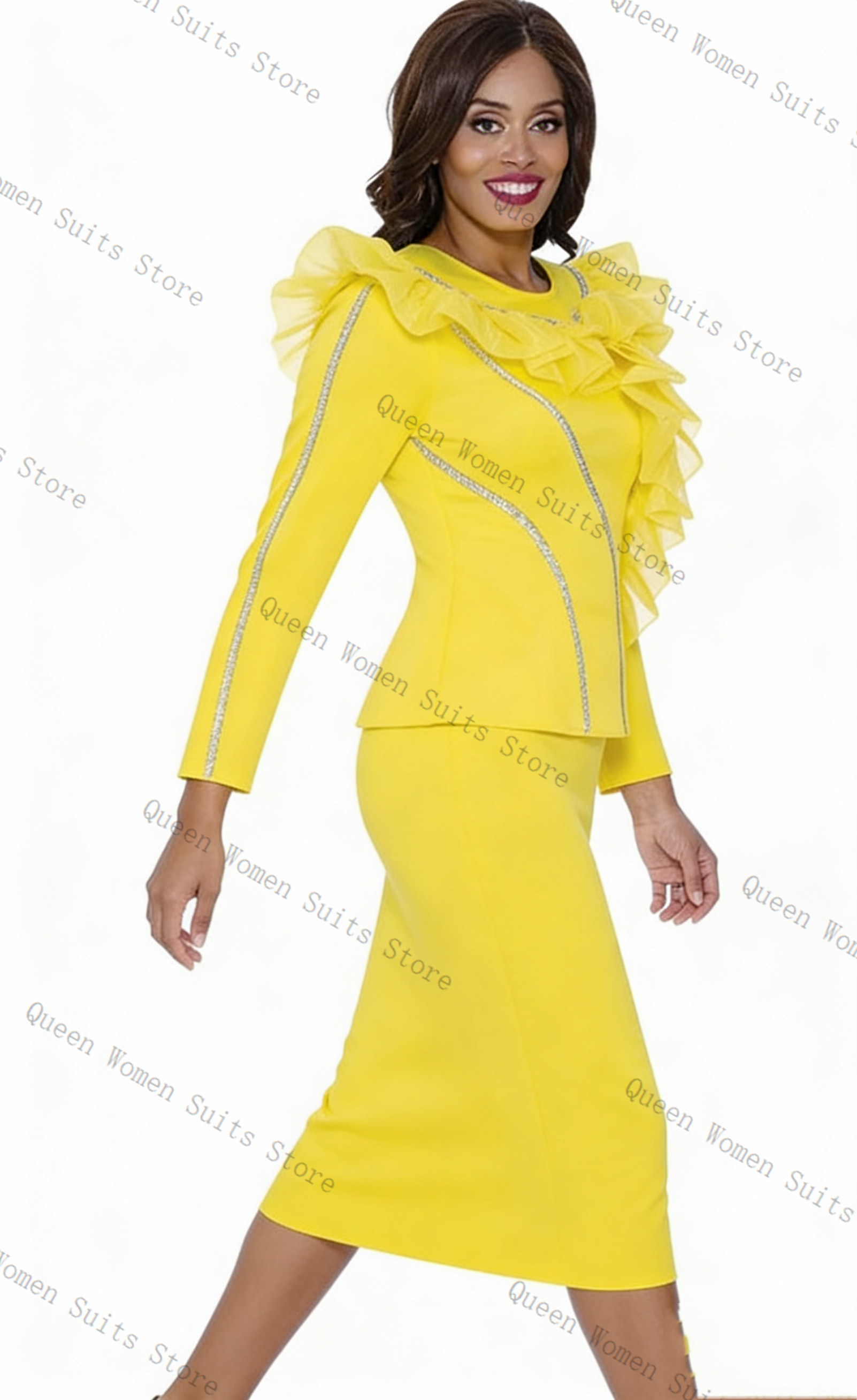 Yellow Formal Wear Women - Crystals Yellow Women Suit Skirt Set