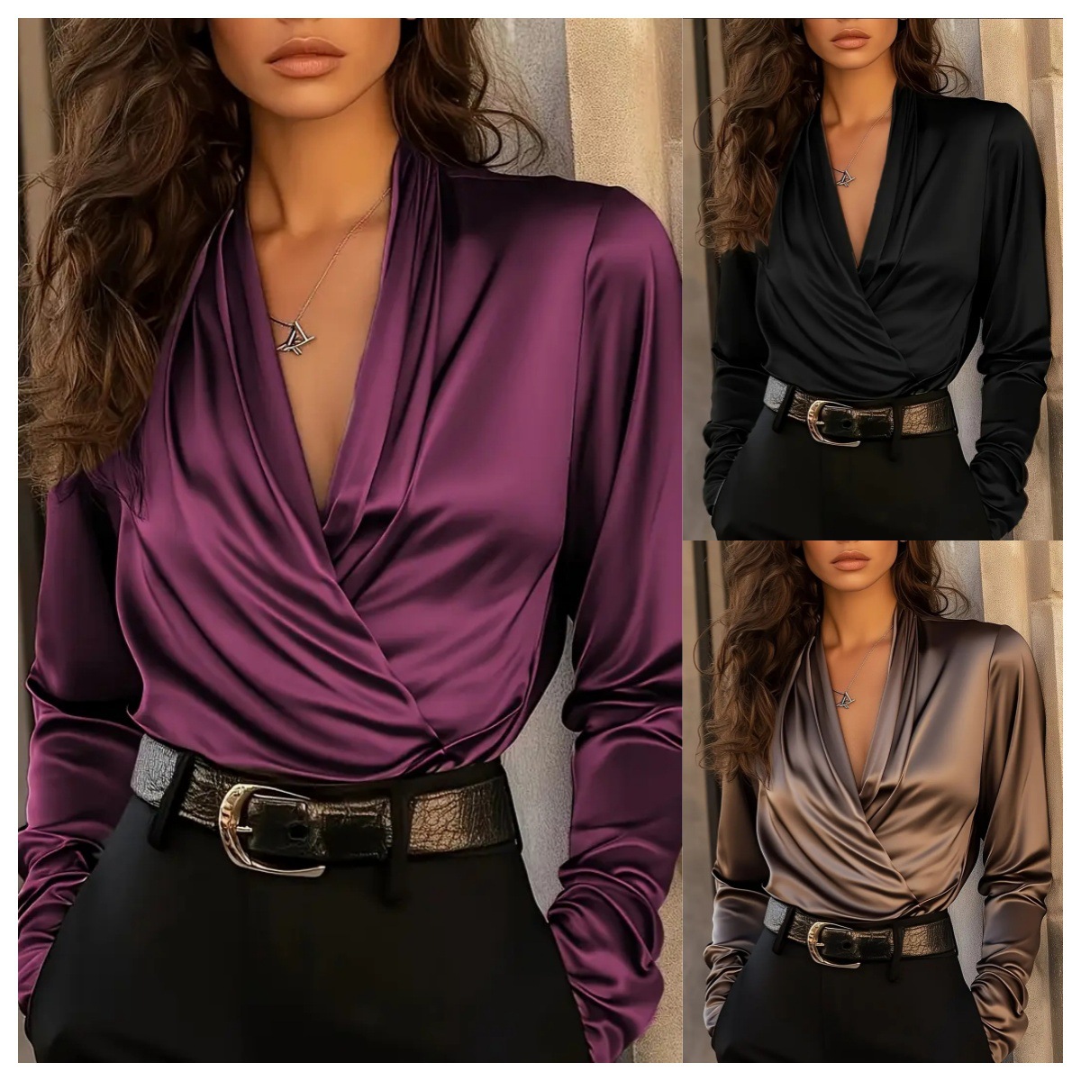 Women's Satin Wrap V Neck Long - Women Formal Wear Tops reseña y precio