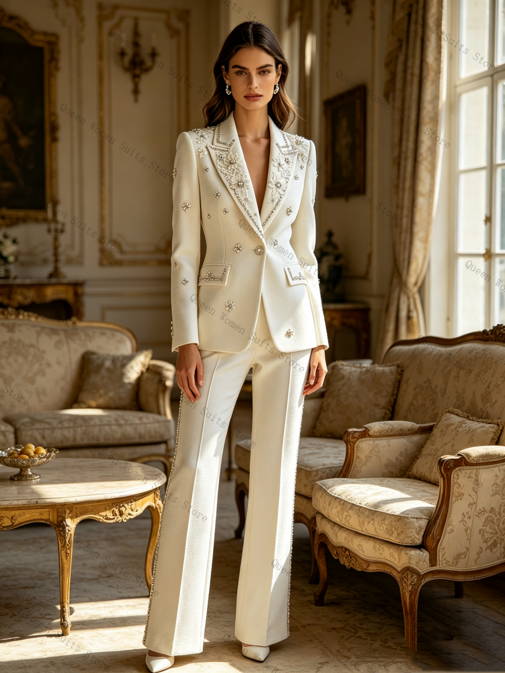 White Crystals Women Suit Set  - Women Formal Wear Trousers reseña y precio