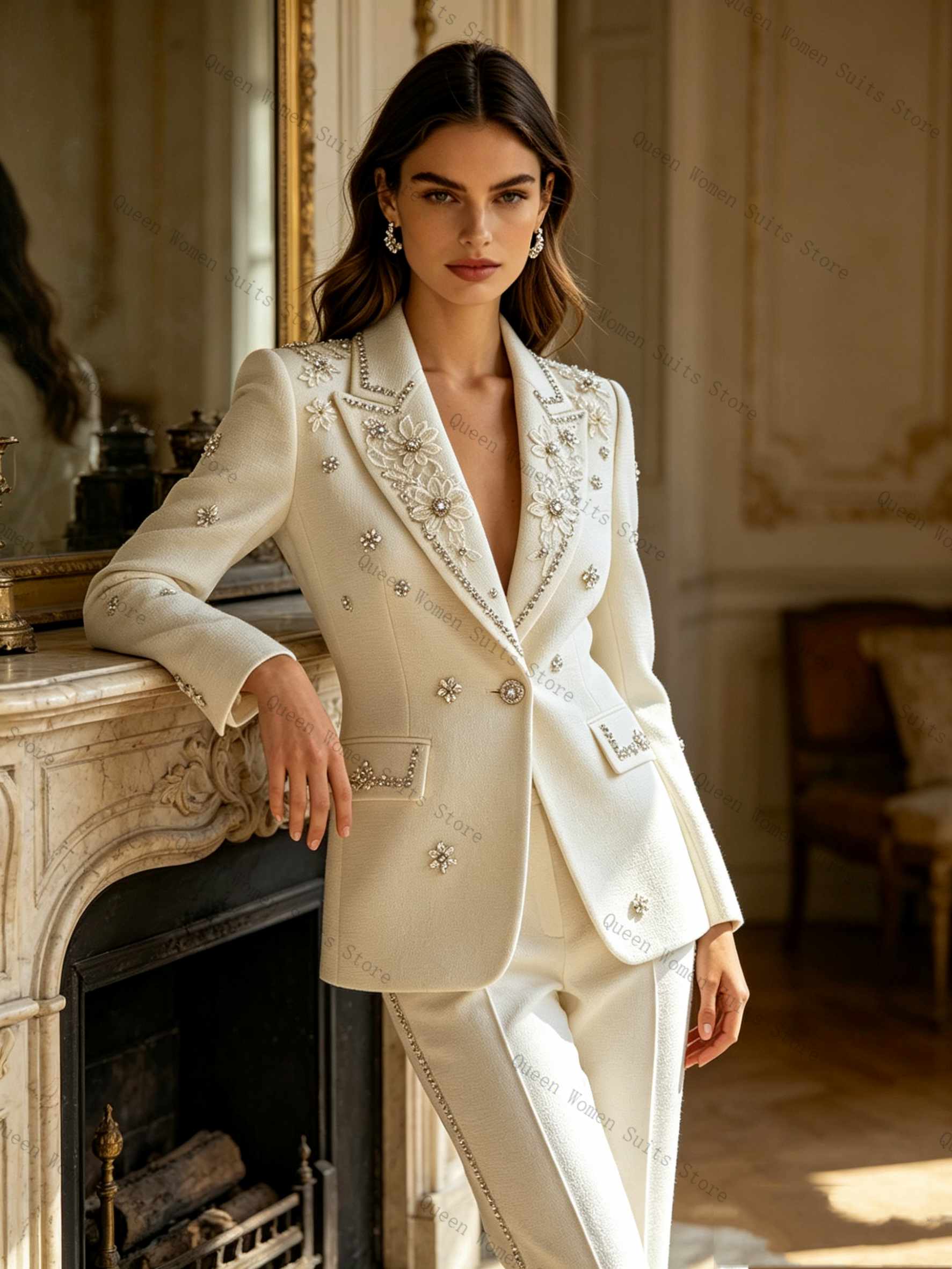 White Crystals Women Suit Set  - Women Formal Wear Trousers reseña y precio