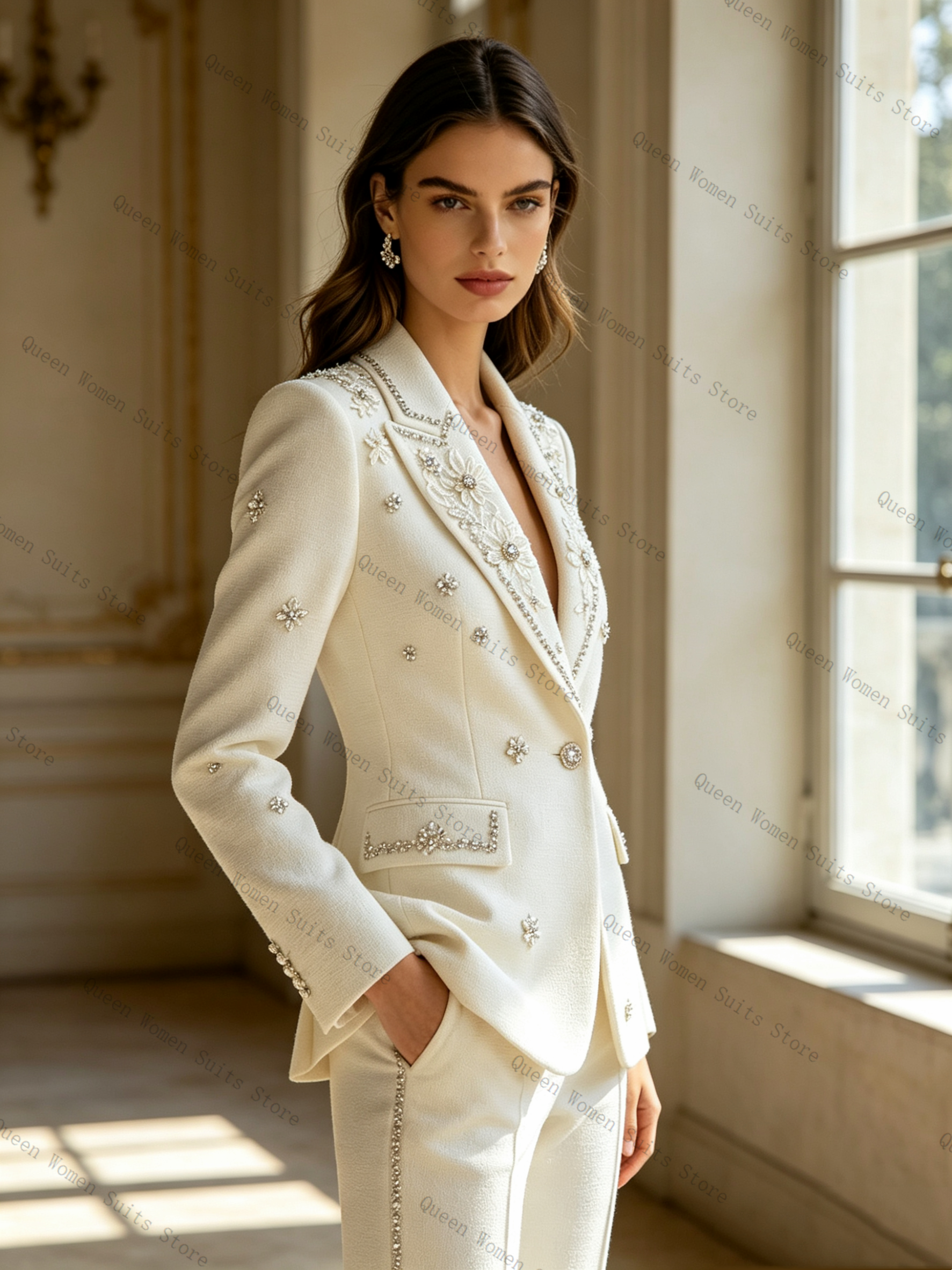 White Crystals Women Suit Set  - Women Formal Wear Trousers reseña y precio