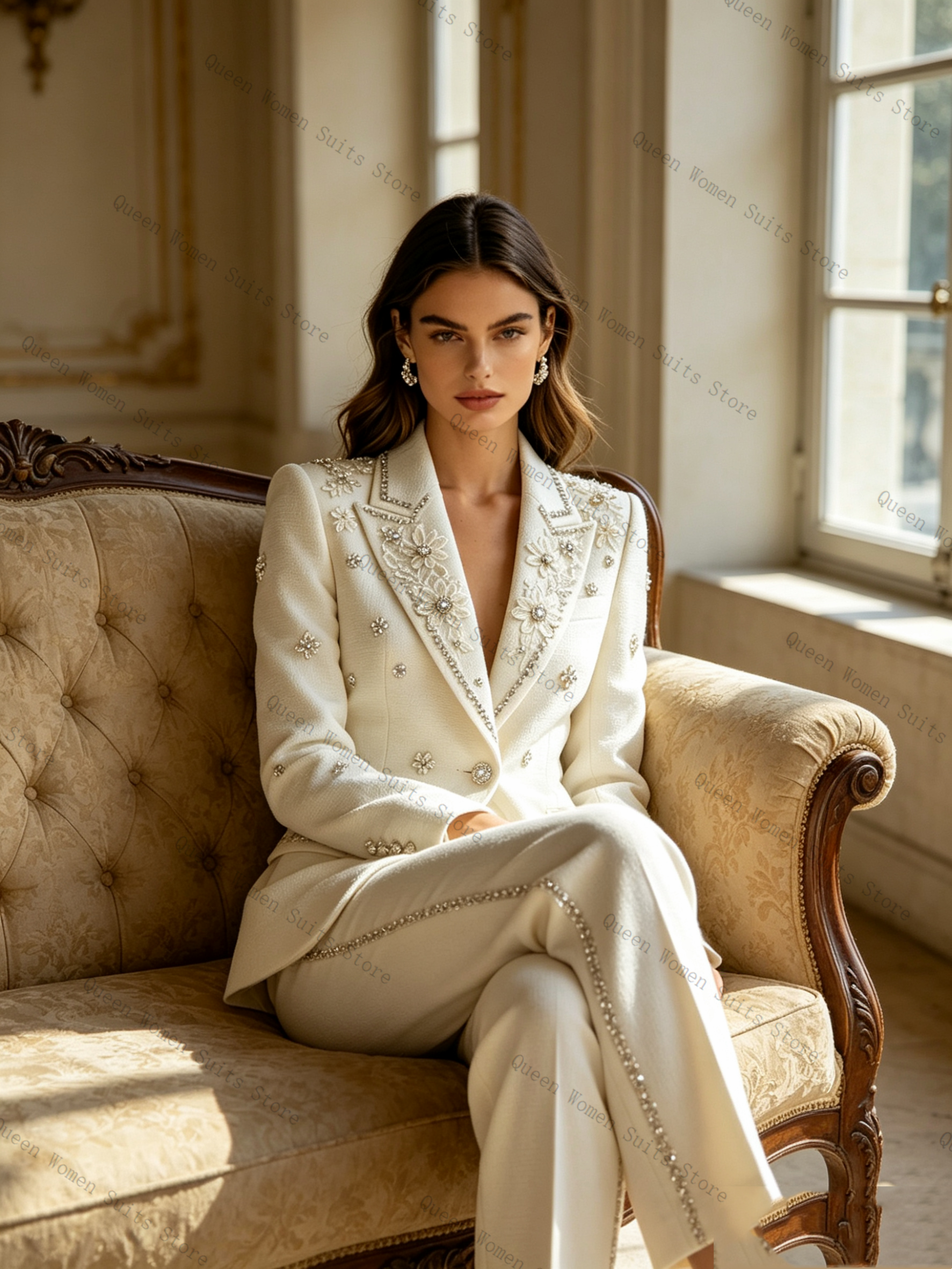 White Crystals Women Suit Set  - Women Formal Wear Trousers reseña y precio