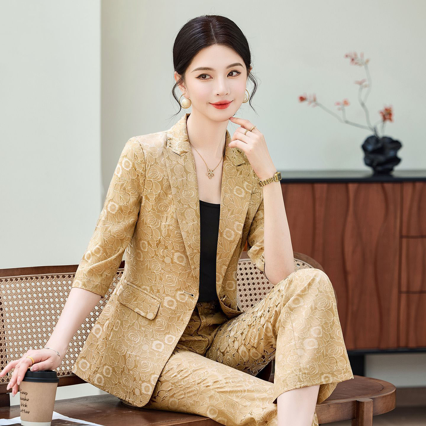 Fashion Apricot Half Sleeve Pr - Women Formal Wear Trousers reseña y precio