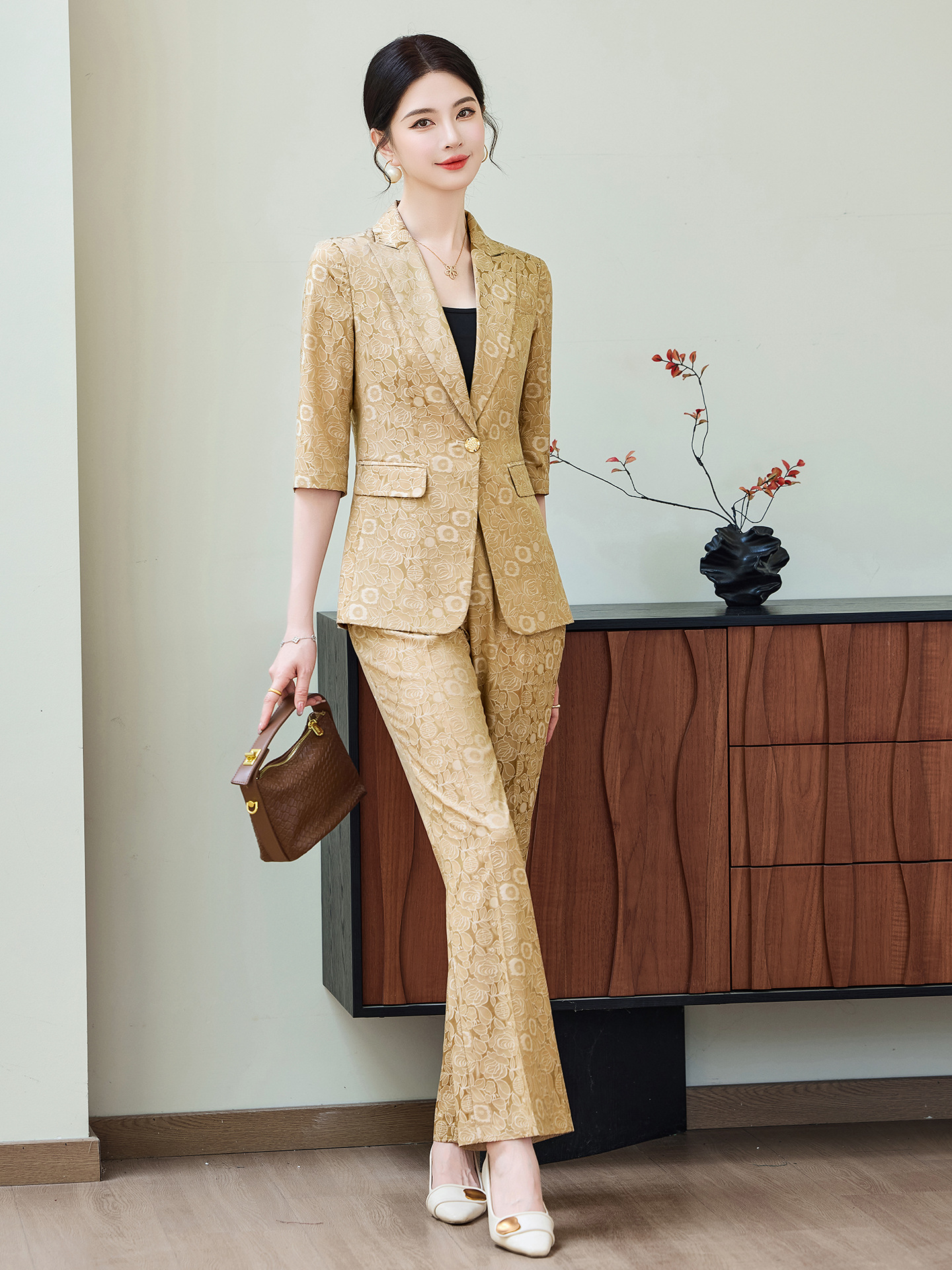 Fashion Apricot Half Sleeve Pr - Women Formal Wear Trousers reseña y precio
