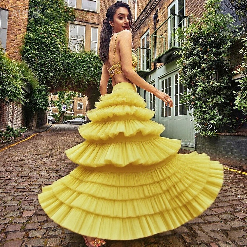 Yellow Puffy Tulle Skirts Saia - Yellow Formal Wear Women reseña y precio