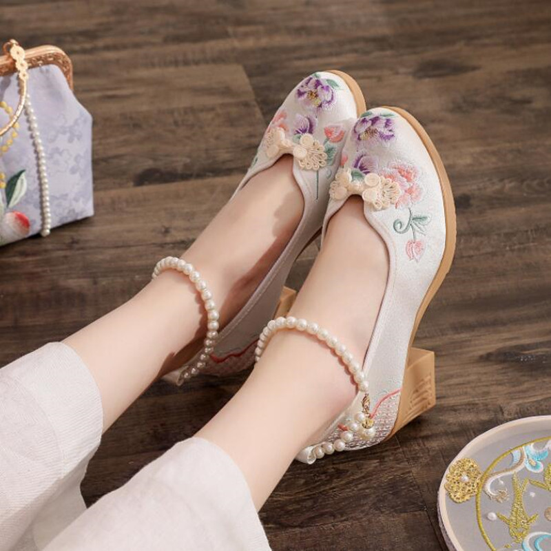 Women Vintage Pearls Ankle Str - Pump Heel Block reseña y precio