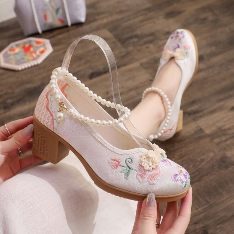 Women Vintage Pearls Ankle Str - Pump Heel Block reseña y precio